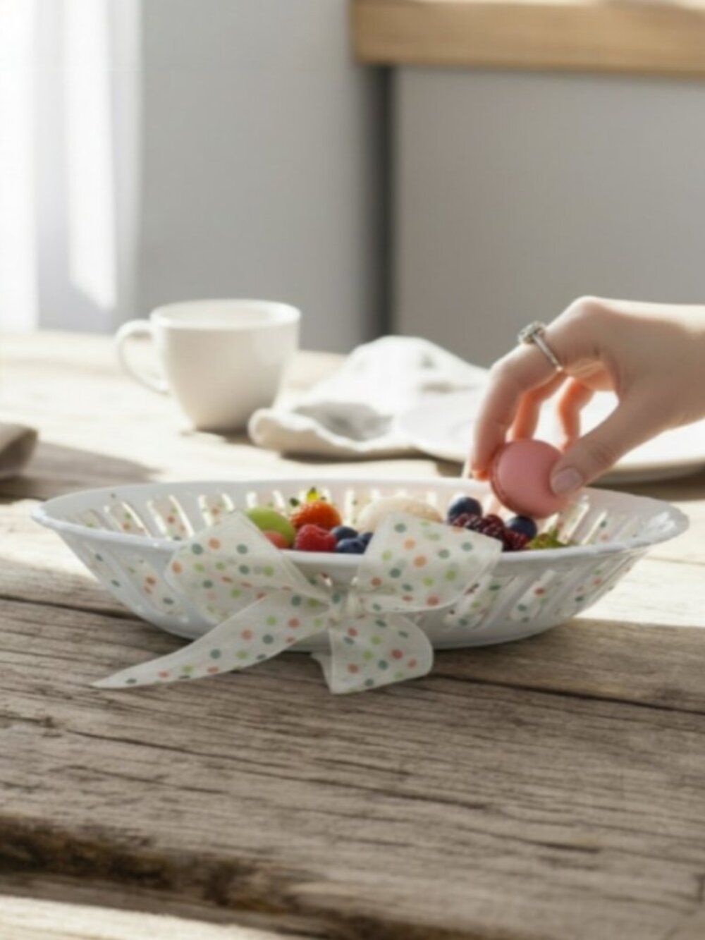 PARTY PLATE -- Ceramic, Bread/Candy/Cookies/Favors, Polka Dot Ribbon Wrapped